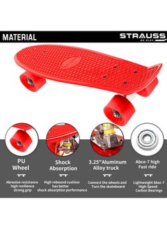STRAUSS STRAUSS Cruiser PW Skateboard| Penny Skateboard | Casterboard | Hoverboard | Anti-Skid Board with ABEC-7 High Precision Bearings | PU Wheel with Light |Ideal for 8 Years and Above | 22 X 6 Inch,(Red)  - Image 3
