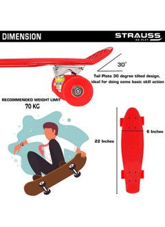STRAUSS STRAUSS Cruiser PW Skateboard| Penny Skateboard | Casterboard | Hoverboard | Anti-Skid Board with ABEC-7 High Precision Bearings | PU Wheel with Light |Ideal for 8 Years and Above | 22 X 6 Inch,(Red)  - Image 2