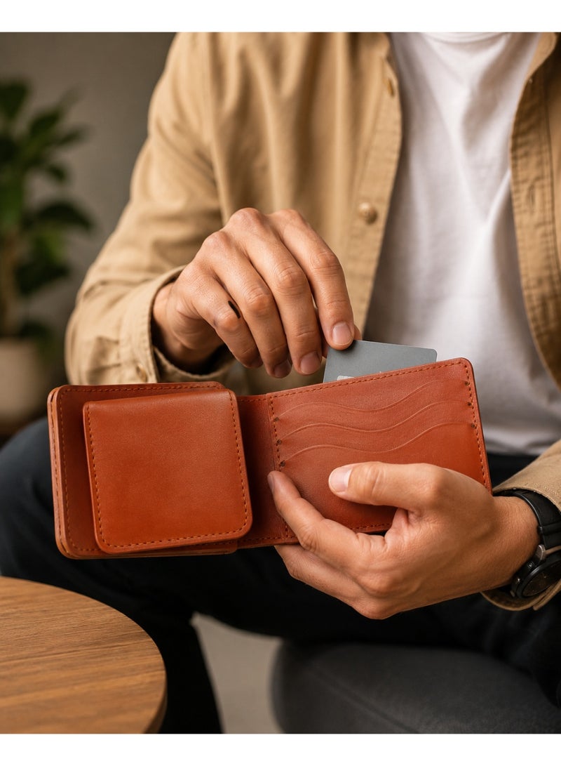 Men's Leather Bifold Wallet with Wave Card Slots & Interior Coin Pocket - Tan Brown - Image 2