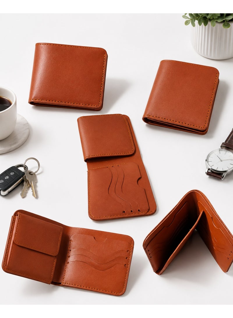 Men's Leather Bifold Wallet with Wave Card Slots & Interior Coin Pocket - Tan Brown - Image 4