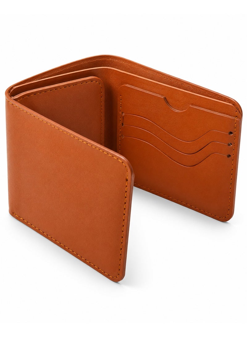 Men's Leather Bifold Wallet with Wave Card Slots & Interior Coin Pocket - Tan Brown - Image 5