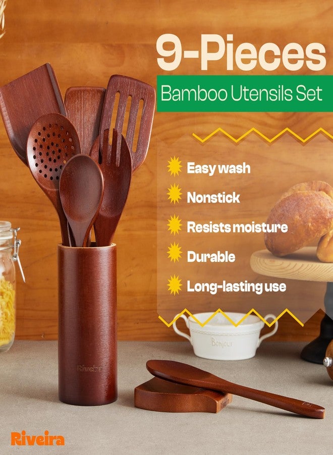 Riveira Set of 9 Premium Brown Bamboo Cooking Utensils - Bamboo Utensils for Cooking - Non-Toxic Utensils - Wooden Kitchen Set for Non-Stick Cookware - Image 5