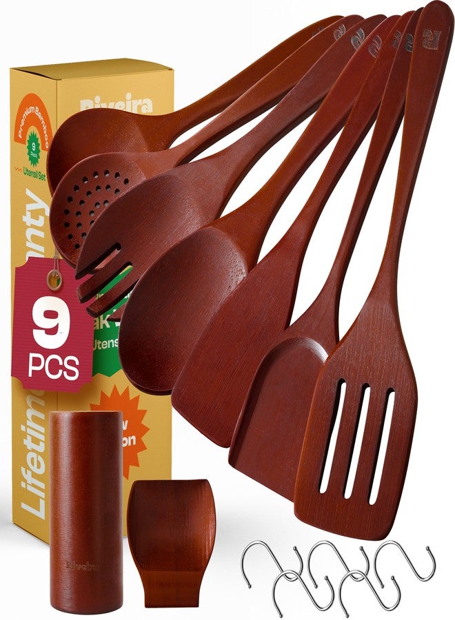 Riveira Set of 9 Premium Brown Bamboo Cooking Utensils - Bamboo Utensils for Cooking - Non-Toxic Utensils - Wooden Kitchen Set for Non-Stick Cookware - Image 1