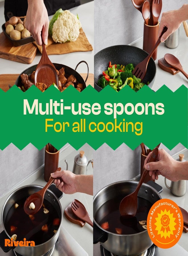 Riveira Set of 9 Premium Brown Bamboo Cooking Utensils - Bamboo Utensils for Cooking - Non-Toxic Utensils - Wooden Kitchen Set for Non-Stick Cookware - Image 4