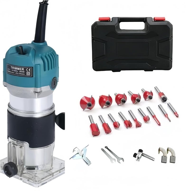 800W Compact Wood Router Tool Set 220V Electric Trimmer Wood Router With 15Pcs Router Bits（Plastic Box Packaging） - Image 1