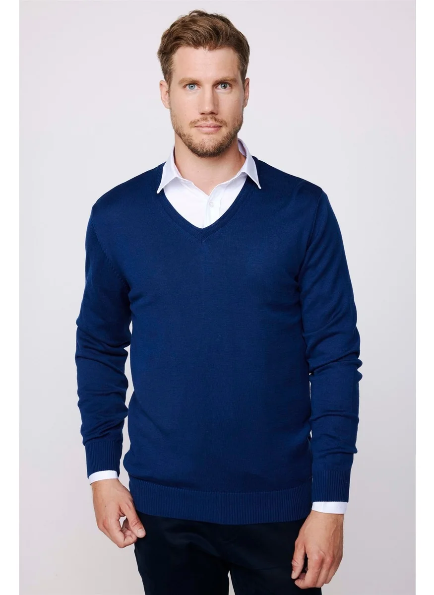 تودورس Slim Fit V-Neck Cotton Men's Blue Sweater