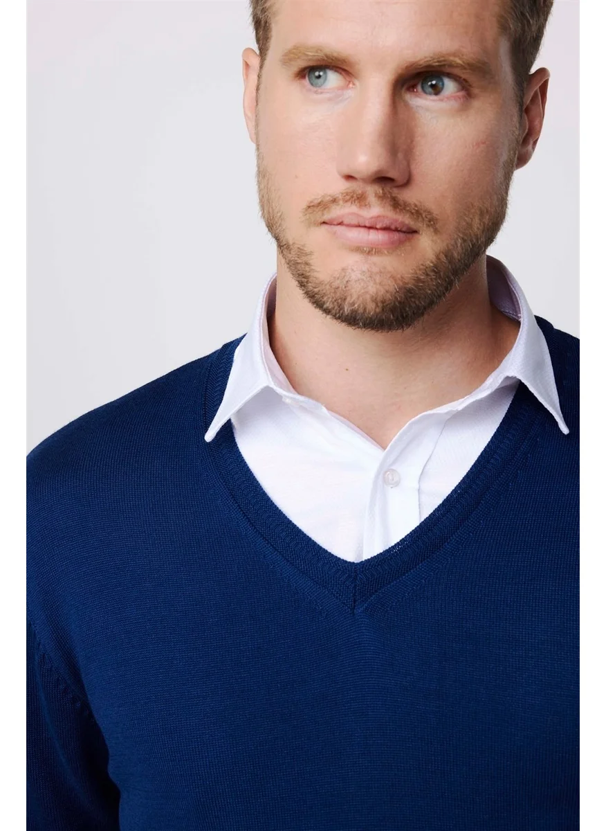 تودورس Slim Fit V-Neck Cotton Men's Blue Sweater