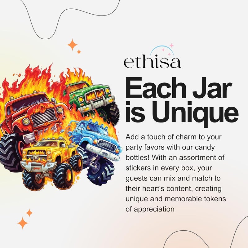 Ethisa Small 12 Pack Monster Truck Party Favors - DIY Candy Jars with Ribbons and Stickers - Party Decoration Bottles for Birthday, School Classroom, and Baby Shower - Kids Car Table Centerpieces - Image 3