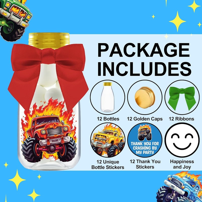 Ethisa Small 12 Pack Monster Truck Party Favors - DIY Candy Jars with Ribbons and Stickers - Party Decoration Bottles for Birthday, School Classroom, and Baby Shower - Kids Car Table Centerpieces - Image 2