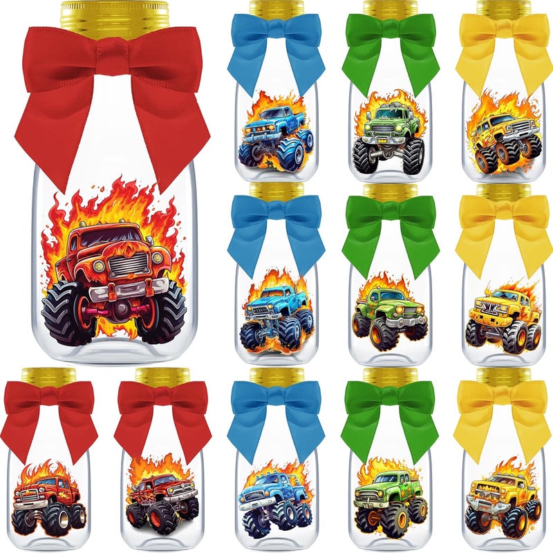 Ethisa Small 12 Pack Monster Truck Party Favors - DIY Candy Jars with Ribbons and Stickers - Party Decoration Bottles for Birthday, School Classroom, and Baby Shower - Kids Car Table Centerpieces - Image 1