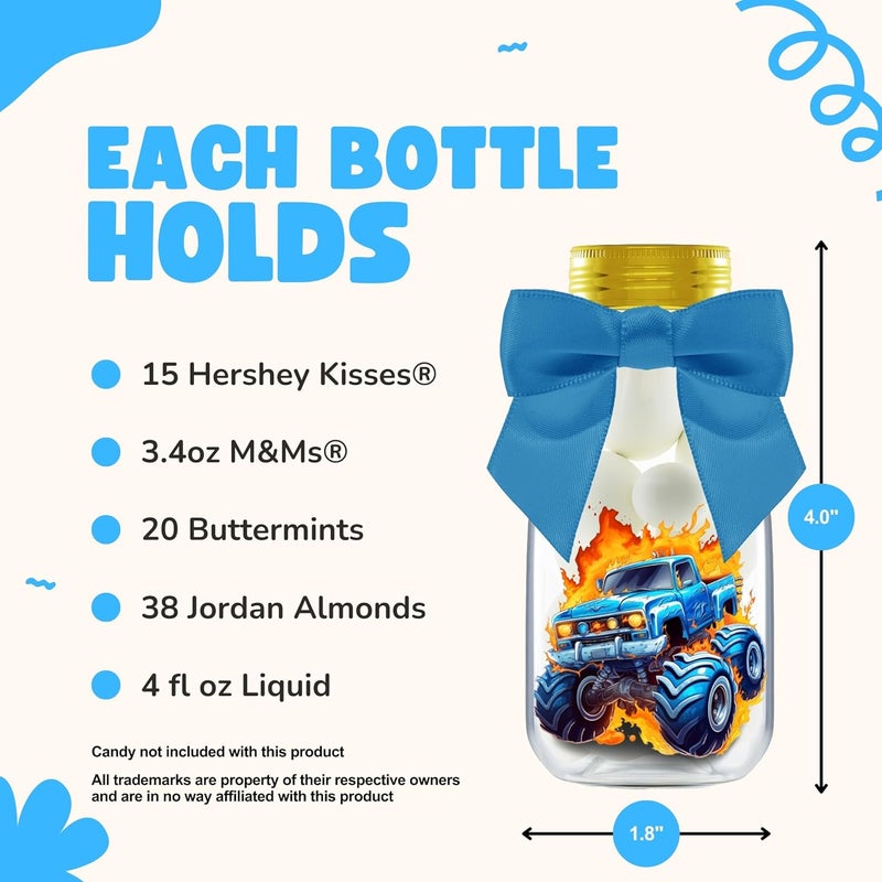 Ethisa Small 12 Pack Monster Truck Party Favors - DIY Candy Jars with Ribbons and Stickers - Party Decoration Bottles for Birthday, School Classroom, and Baby Shower - Kids Car Table Centerpieces - Image 4