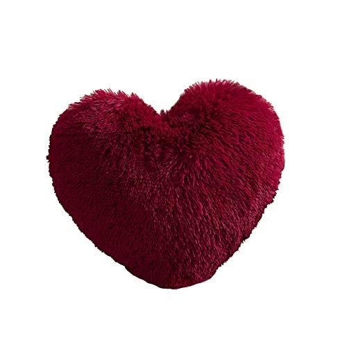 MorroMorn Fluffy Heart Throw Pillows, Shaggy Decorative Pillow for Sofa Couch Bed, Cute Room Decor Decorations for Women Girls Kids (Dark Red) - Image 1