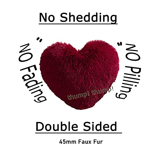 MorroMorn Fluffy Heart Throw Pillows, Shaggy Decorative Pillow for Sofa Couch Bed, Cute Room Decor Decorations for Women Girls Kids (Dark Red) - Image 3