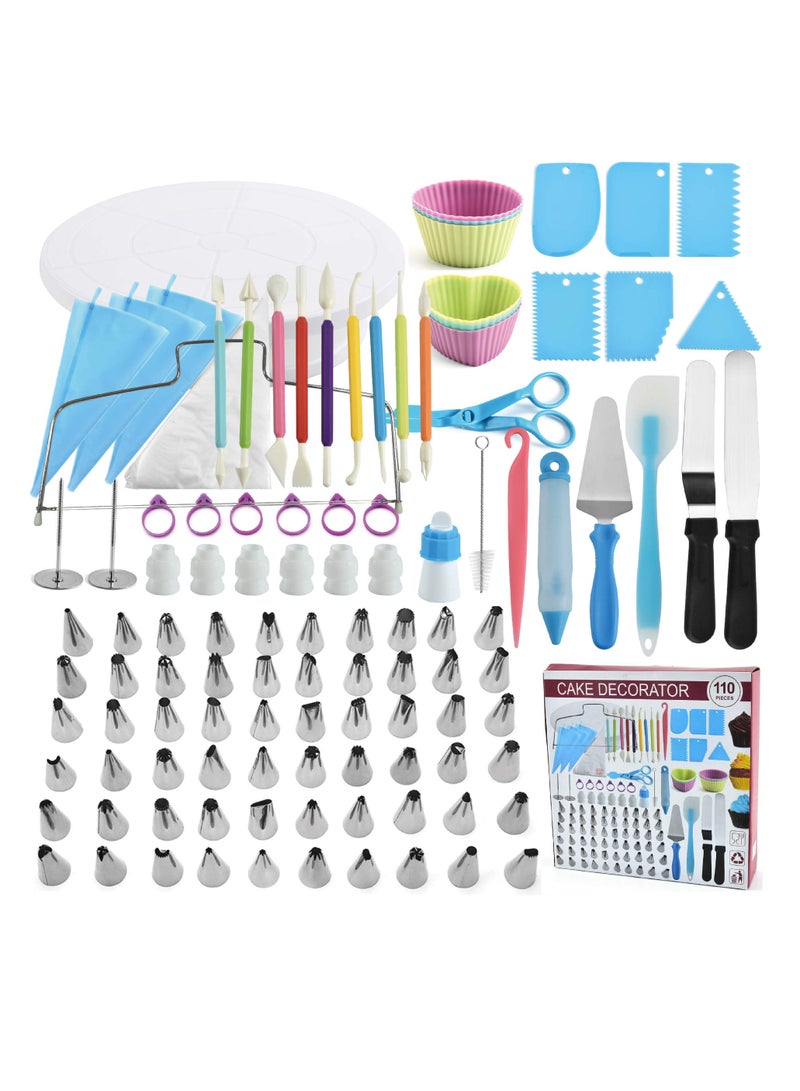 Reko Cake Decorating Kit 110Pc Baking Supplies Tools, 3in1 Cake Turntable for Decorating Cakes Cupcakes Cookies with Piping Bags and Tips Set, Leveler, Spatula, Pastry Tools, Cutter, Cake Nozzles & more - Image 1
