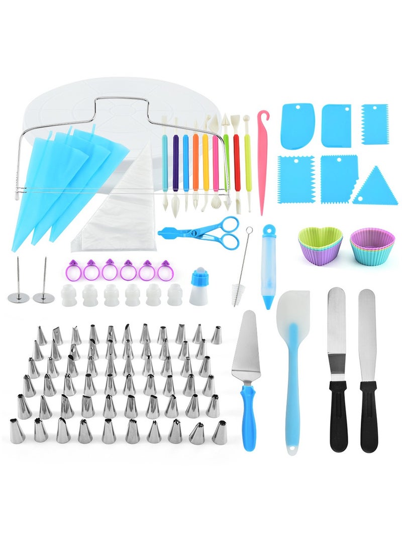 Reko Cake Decorating Kit 110Pc Baking Supplies Tools, 3in1 Cake Turntable for Decorating Cakes Cupcakes Cookies with Piping Bags and Tips Set, Leveler, Spatula, Pastry Tools, Cutter, Cake Nozzles & more - Image 2