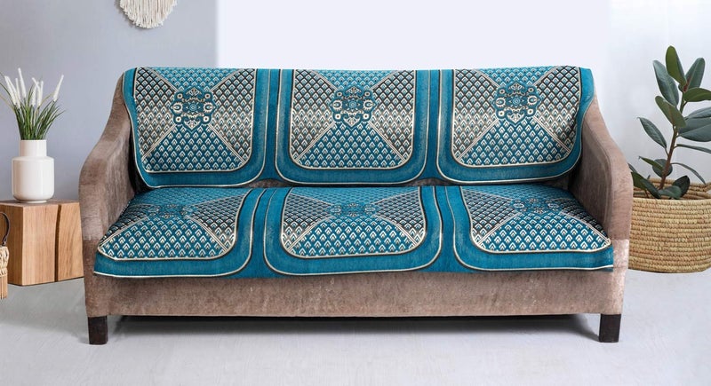 Nendle Velvet Fabric Geometric Sofa Cover Set of 5 Seater (Sky Blue, 6 Pieces) - Image 3