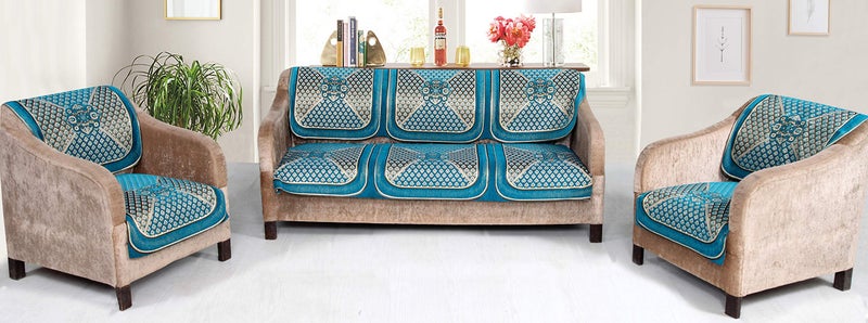 Nendle Velvet Fabric Geometric Sofa Cover Set of 5 Seater (Sky Blue, 6 Pieces) - Image 2