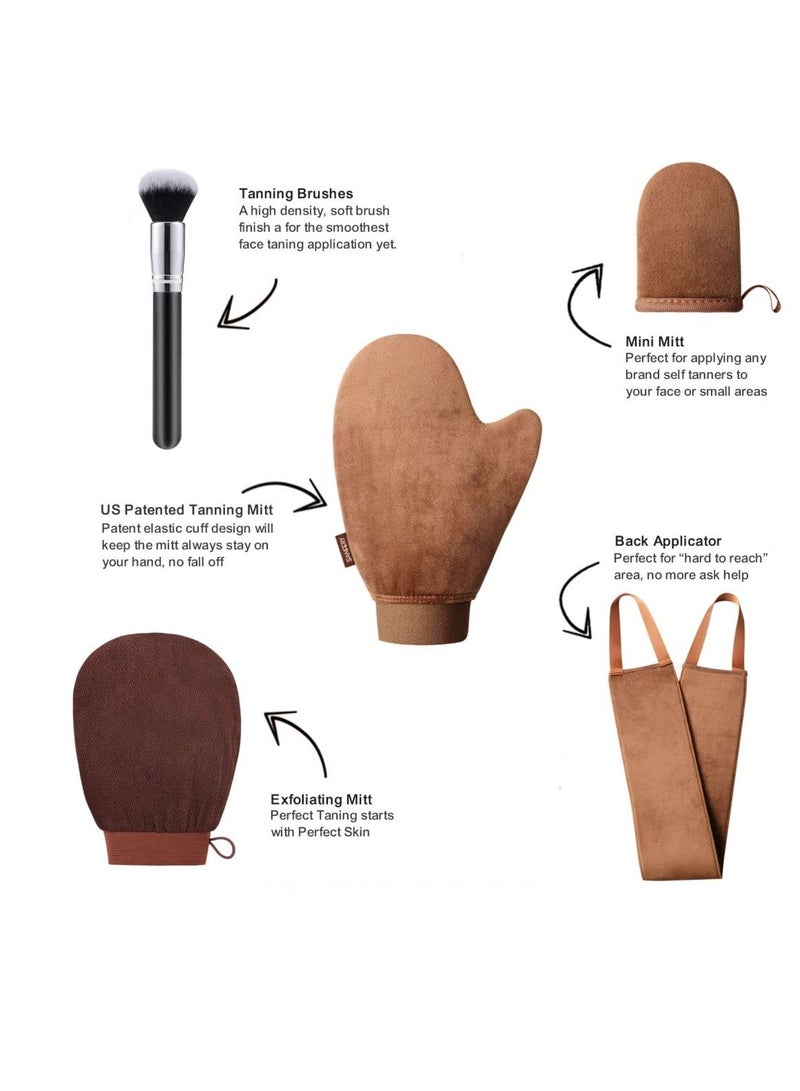 Sanfery Self Tanning Mitt Applicator Kit - Sanfery 5 Pack Tanning Mitts Self Tanner Mitt Applicator Kit Self Tan Mitt Kit with Tanning Glove, Back Applicator, Mini Tan Mit, Exfoliating Mitt, Brush  - Image 2