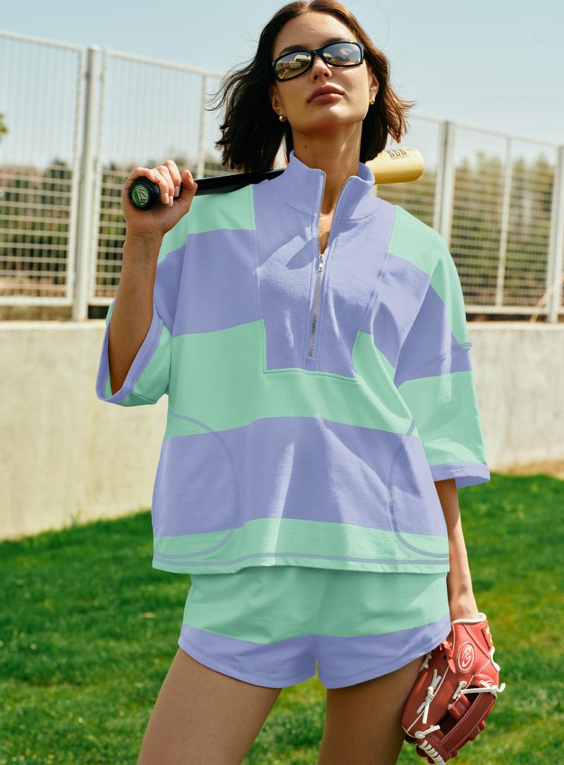 Yanekop Womens Summer Striped Short Set Matching Lounge Sets 2 Piece Outfits Two piece Workout Sets with Pockets(Mint Purple,S) - Image 4