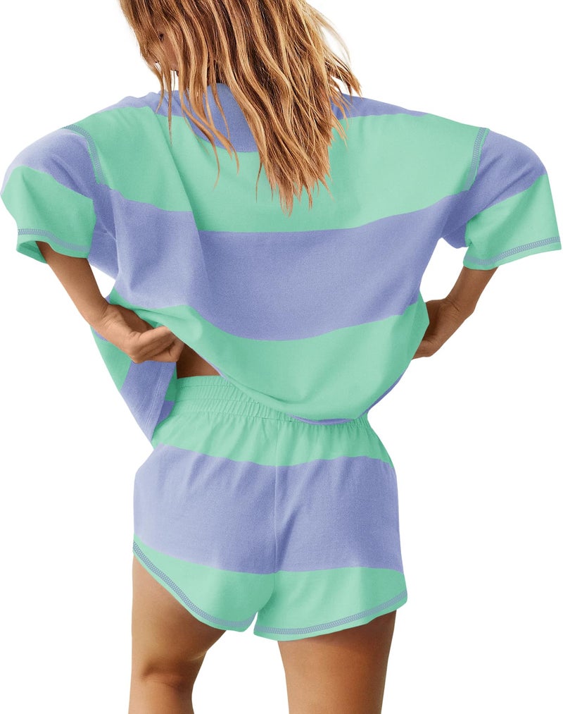 Yanekop Womens Summer Striped Short Set Matching Lounge Sets 2 Piece Outfits Two piece Workout Sets with Pockets(Mint Purple,S) - Image 3
