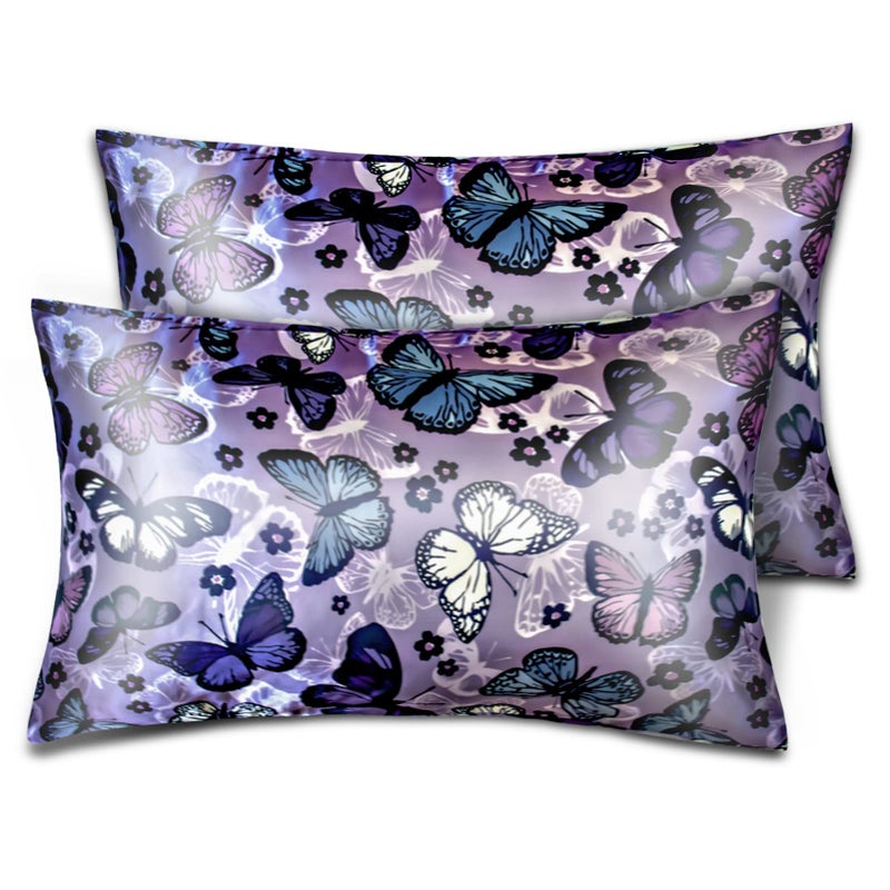 Satin Pillowcase for Hair and Skin Soft Satin Pillow Cases Queen Size Pack of 2 Cooling Silk Satin Pillowcase Set with Envelope Closure 20x30 Purple Butterflies  Flower