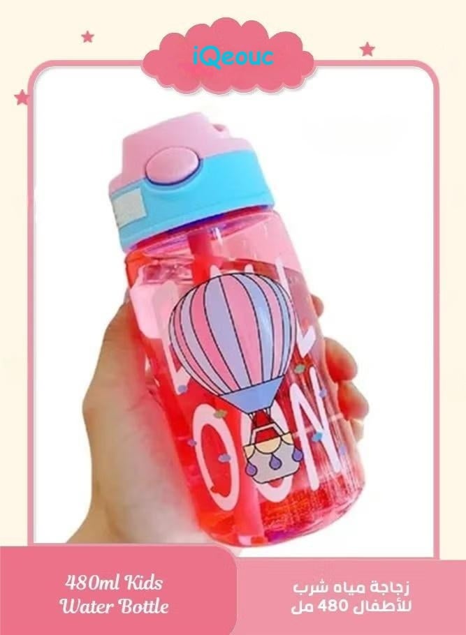 إيكيوك زجاجة مياه للشرب للأطفال سعة 480 مل مع ماصّة، مانعة للتسرب، خالية من مادة BPA، مصنوعة من البلاستيك المتين، لونها وردي - Image 1