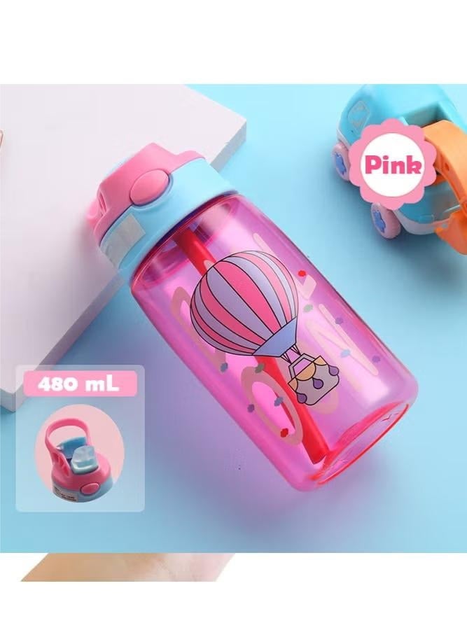 إيكيوك زجاجة مياه للشرب للأطفال سعة 480 مل مع ماصّة، مانعة للتسرب، خالية من مادة BPA، مصنوعة من البلاستيك المتين، لونها وردي - Image 2