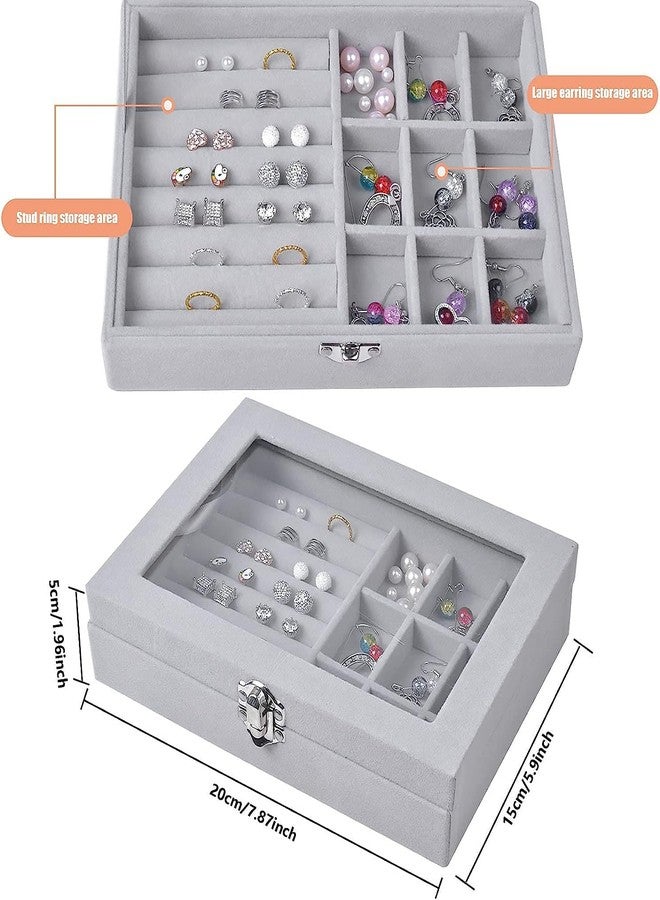 Fennec Mart 9 Grid Jewellery Organiser Velvet Storage Box Case Lockable And Removal Tray For Ring Storage Slot, Ring Jewellery Display Storage Box Tray for Rings Earrings Necklace (Grey) - Image 3