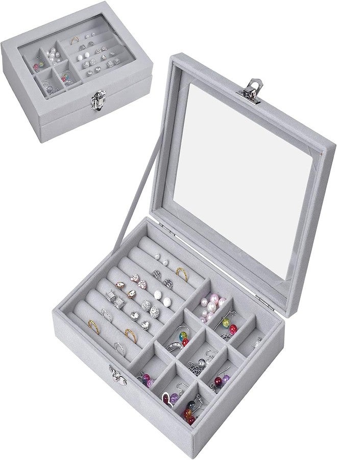 Fennec Mart 9 Grid Jewellery Organiser Velvet Storage Box Case Lockable And Removal Tray For Ring Storage Slot, Ring Jewellery Display Storage Box Tray for Rings Earrings Necklace (Grey) - Image 1