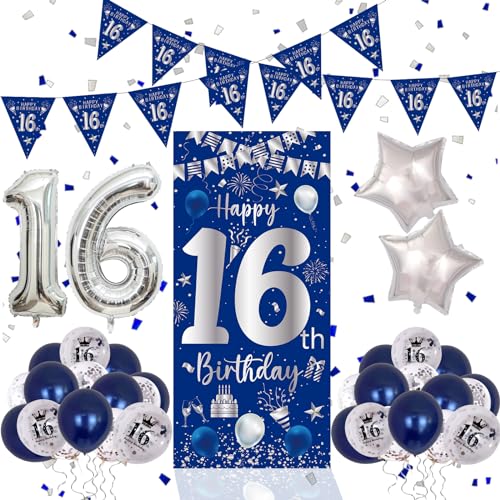 Purtarly 16th Birthday Decorations for Boys Girls Blue Silver Happy 16th Birthday Decorations Boy 16 Birthday Party Balloon Triangle Flag Sweet 16 Year Old Birthday Party Sign Supplies for Son Daughter - Image 1