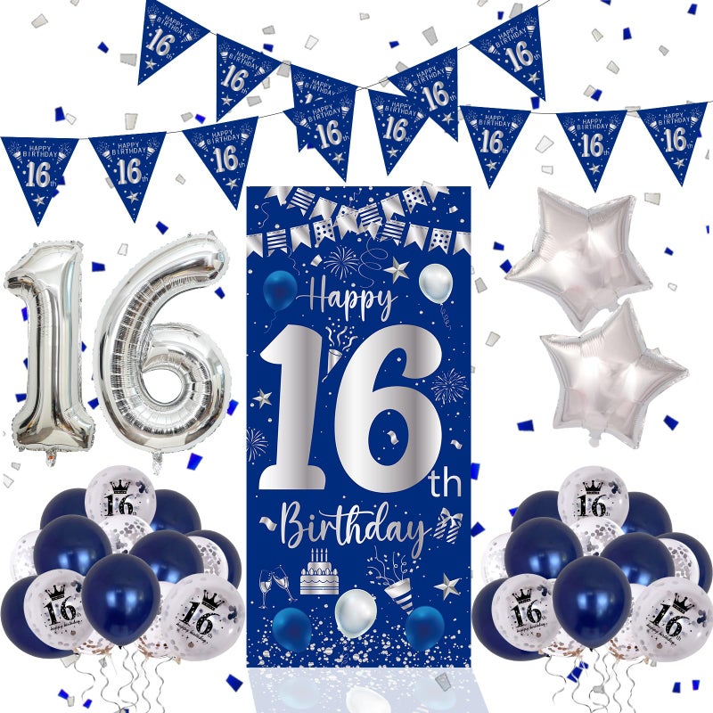 Purtarly 16th Birthday Decorations for Boys Girls Blue Silver Happy 16th Birthday Decorations Boy 16 Birthday Party Balloon Triangle Flag Sweet 16 Year Old Birthday Party Sign Supplies for Son Daughter - Image 2