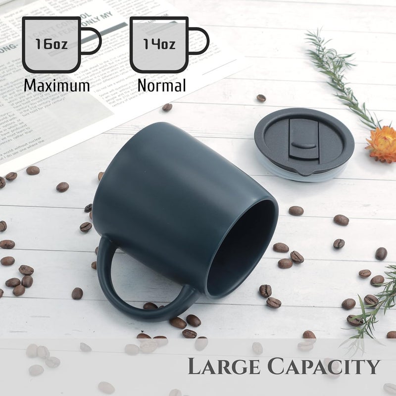 LINVIA Classic Mug, 14 oz Large Coffee Mug with Handle, Ceramic Porcelain Tea Cup, Smooth Matte (Sliding Lid, Navy Blue) - Image 3