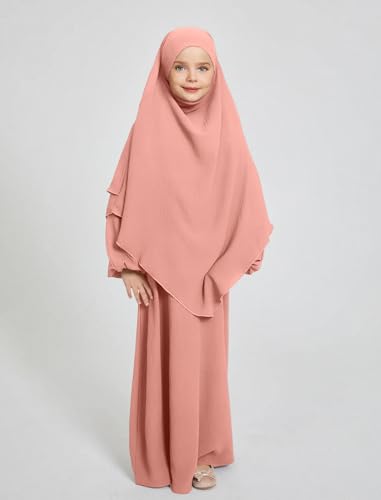 ODIZLI Muslim Dress For Girls Chiffon Abayas for Eid Ramadan Long Sleeve Maxi Kaftan Dresses Dubai Arabic Robe Kids Girls TwoPiece Muslim Prayer Dress Jilbab with Hijab 2pcs Coral Pink 34 Years - Image 3