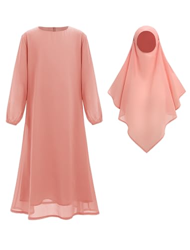 ODIZLI Muslim Dress For Girls Chiffon Abayas for Eid Ramadan Long Sleeve Maxi Kaftan Dresses Dubai Arabic Robe Kids Girls TwoPiece Muslim Prayer Dress Jilbab with Hijab 2pcs Coral Pink 34 Years - Image 1