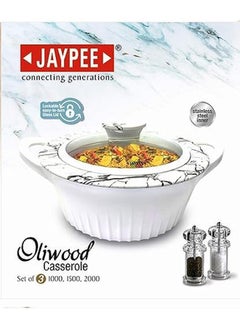 JAYPEE Oliwood Glass Lid Casserole Set Of 3 Pieces 1000 Plus 1500 Plus 2000Ml Super Glossy Premium Finish High Quality With White Color Base White Marble  - Image 3