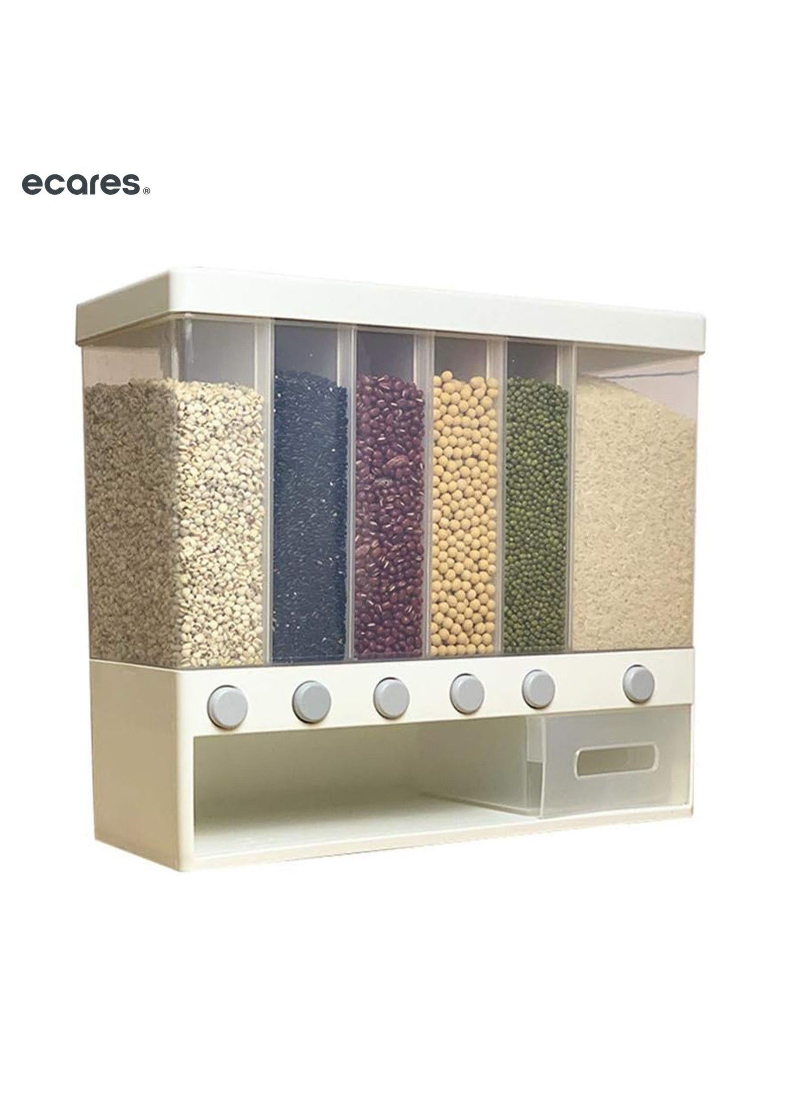 ECARES® Multiple Dispenser, Food Dispenser, Cereal Wall-Mounted Grains Food Dispenser, Large Capacity, Space Saving 6-Grid Container, Pressed Out, Transparent Container, Adjustable Compartments. 