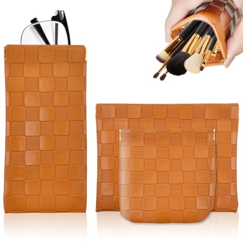 PENGJINYU 3PCS Small Makeup Bag for Women, Mini Cosmetic Bags Leather Pocket Pouch Purse,Snap Closure Waterproof Portable Bag,Checkered Storage Travel Bag for Lipstick Change Glasses Coin Cards (Brown) - Image 1