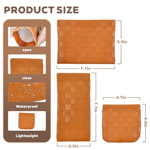 PENGJINYU 3PCS Small Makeup Bag for Women, Mini Cosmetic Bags Leather Pocket Pouch Purse,Snap Closure Waterproof Portable Bag,Checkered Storage Travel Bag for Lipstick Change Glasses Coin Cards (Brown) - Image 2