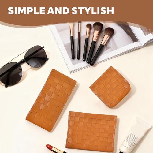 PENGJINYU 3PCS Small Makeup Bag for Women, Mini Cosmetic Bags Leather Pocket Pouch Purse,Snap Closure Waterproof Portable Bag,Checkered Storage Travel Bag for Lipstick Change Glasses Coin Cards (Brown) - Image 4