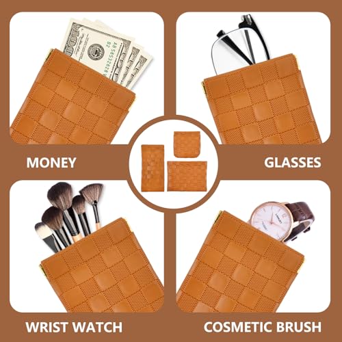 PENGJINYU 3PCS Small Makeup Bag for Women, Mini Cosmetic Bags Leather Pocket Pouch Purse,Snap Closure Waterproof Portable Bag,Checkered Storage Travel Bag for Lipstick Change Glasses Coin Cards (Brown) - Image 3