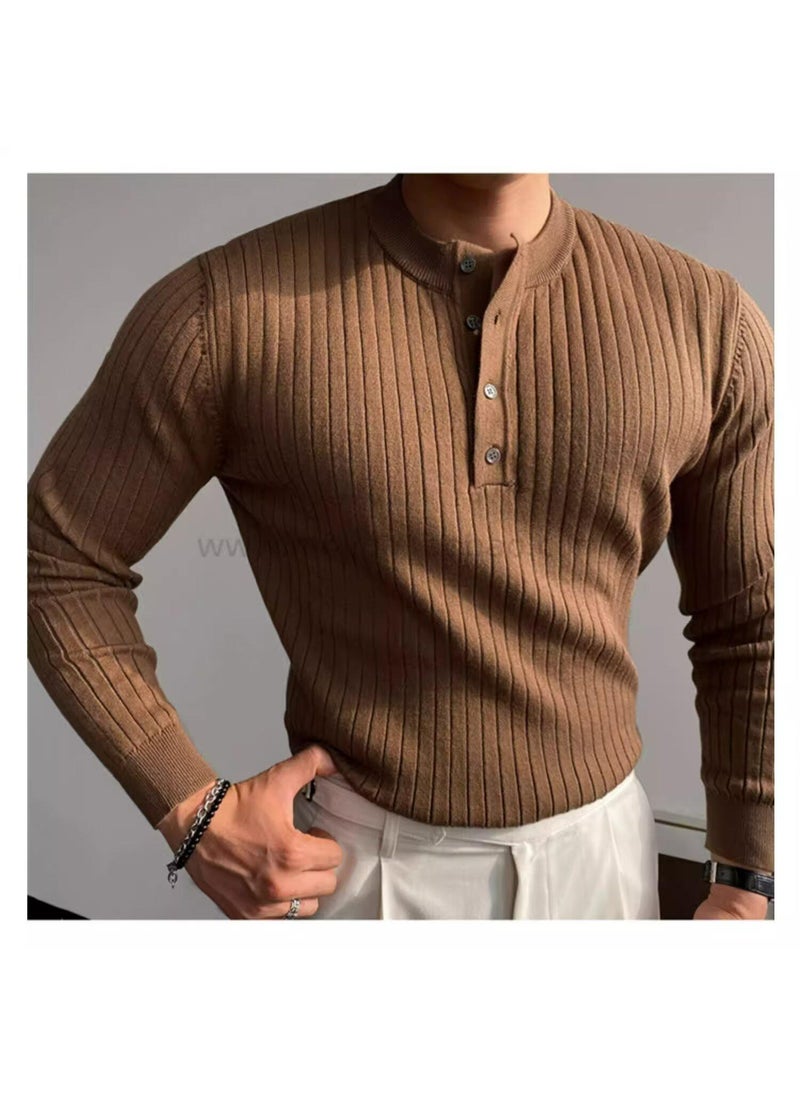 Generic Classic Youth Mens Sweater Solid Color Casual Long Sleeve Pullover Jacquard Knit Polo Shirt Autumn/Winter New Arrival Brown  - Image 1