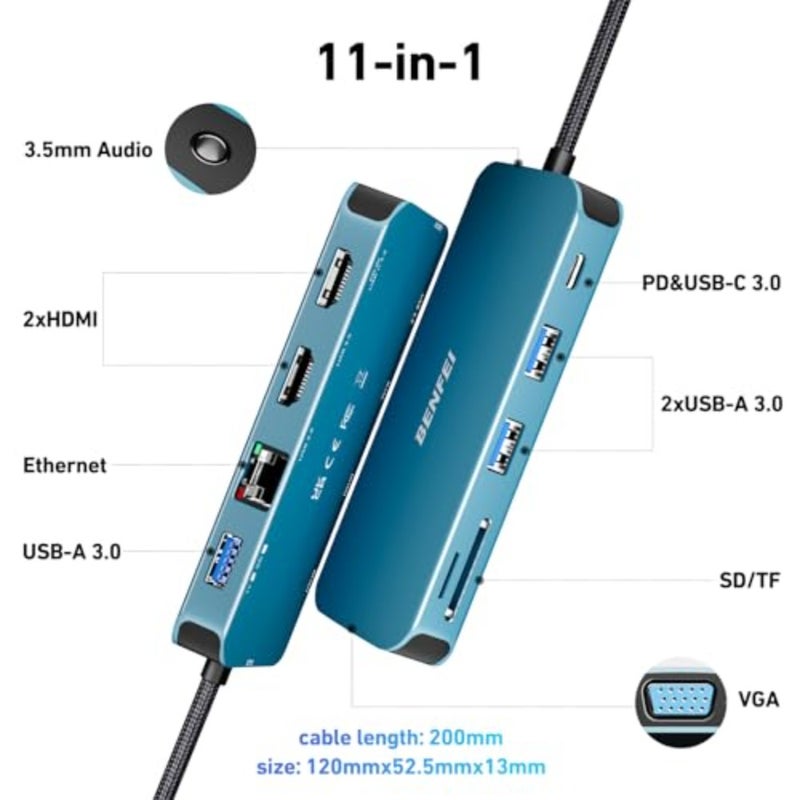 USB C Hub Triple Display Docking Station Dual HDMI, VGA, 3*USB 3.0, 1Gbps Ethernet, 100W Power Delivery, SD/TF Card Reader, 3.5mm AUX Audio Compatible with MacBook XPS Surface - Image 2