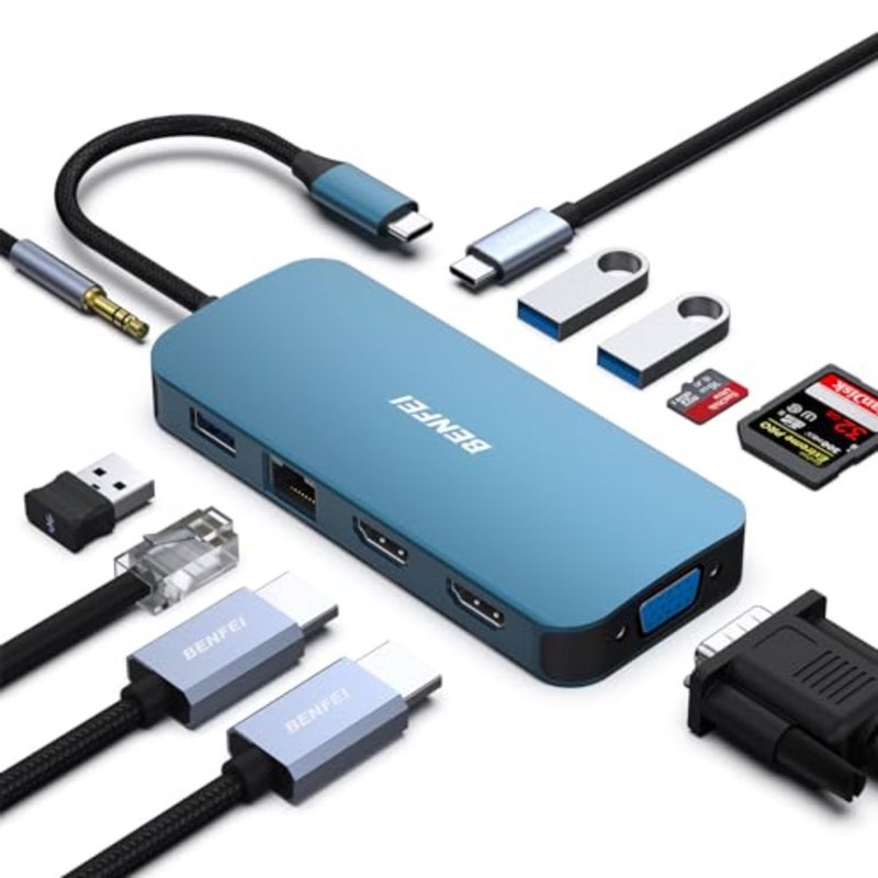 USB C Hub Triple Display Docking Station Dual HDMI, VGA, 3*USB 3.0, 1Gbps Ethernet, 100W Power Delivery, SD/TF Card Reader, 3.5mm AUX Audio Compatible with MacBook XPS Surface - Image 1