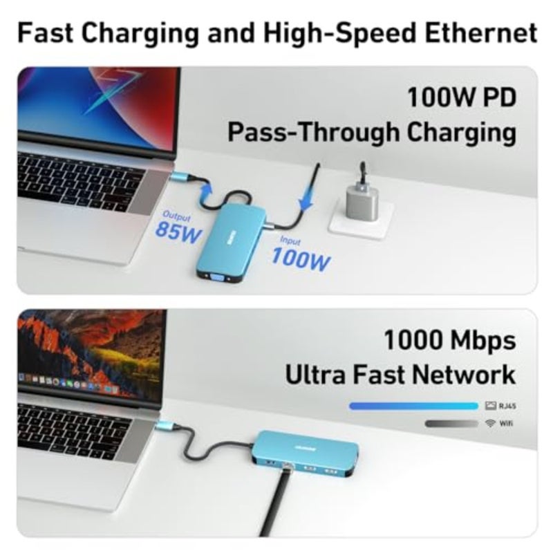 USB C Hub Triple Display Docking Station Dual HDMI, VGA, 3*USB 3.0, 1Gbps Ethernet, 100W Power Delivery, SD/TF Card Reader, 3.5mm AUX Audio Compatible with MacBook XPS Surface - Image 3