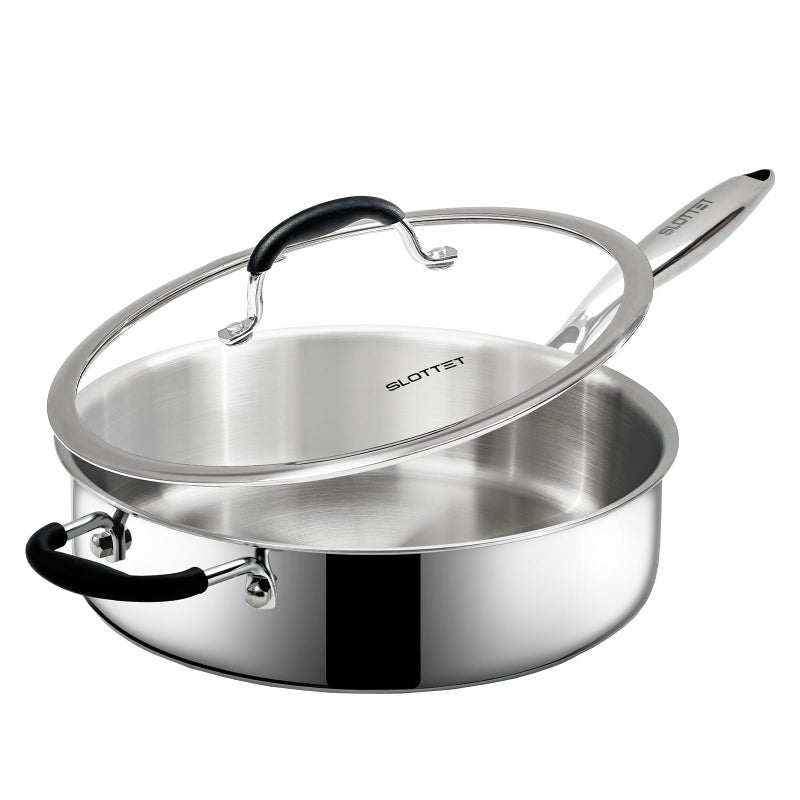 SLOTTET TriPly Stainless Steel Saute Pan with Lid 5 Quart Deep Saut Pan with Stay Cool Handle115 Inch Frying PanDishwasher and Oven SafeInduction Stainless Steel Cookware