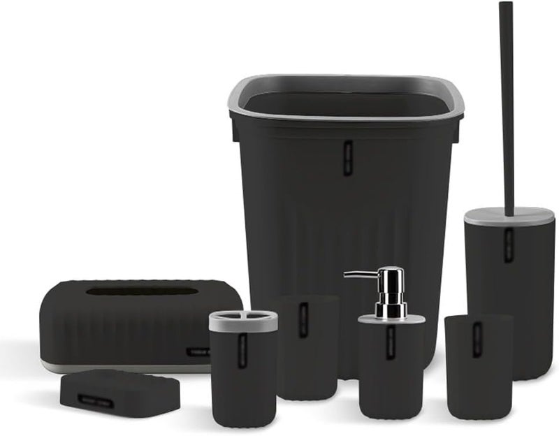 HOME CUBE 8Pcs Bathroom Accessories Set, Soap Dish, Soap Dispenser, Toothbrush Holder, 2 Mouth Wash Cup, Tissue Box, Dustbin, Toilet Brush Holder, Complete Bath Organiser Set for Bathroom (Black) - Image 1