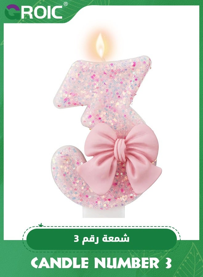 GROIC Number Birthday Candle, 3D Bow Designed Glitter Pink Number Candles for Kids ​Birthday Party Pink Theme Decorations, Candle Number for Wedding Anniversary Party Supplies (Number 3) - Image 1