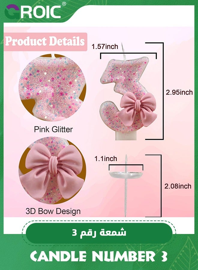 GROIC Number Birthday Candle, 3D Bow Designed Glitter Pink Number Candles for Kids ​Birthday Party Pink Theme Decorations, Candle Number for Wedding Anniversary Party Supplies (Number 3) - Image 2
