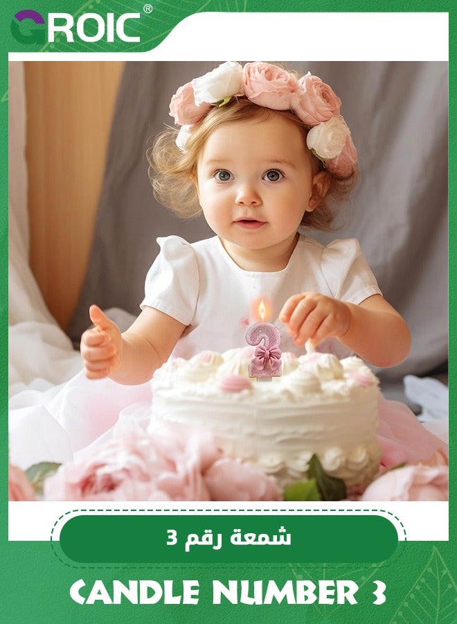GROIC Number Birthday Candle, 3D Bow Designed Glitter Pink Number Candles for Kids ​Birthday Party Pink Theme Decorations, Candle Number for Wedding Anniversary Party Supplies (Number 3) - Image 3