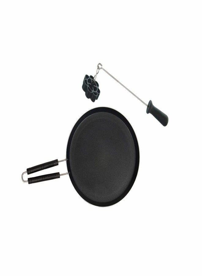 FLORA AND CO Non Induction Base Aluminium Non Stick Flat Tawa, 285mm, 3mm Width Cookware with Achu Murukku Achappam Rose Cookie Maker Mould Black - Image 1